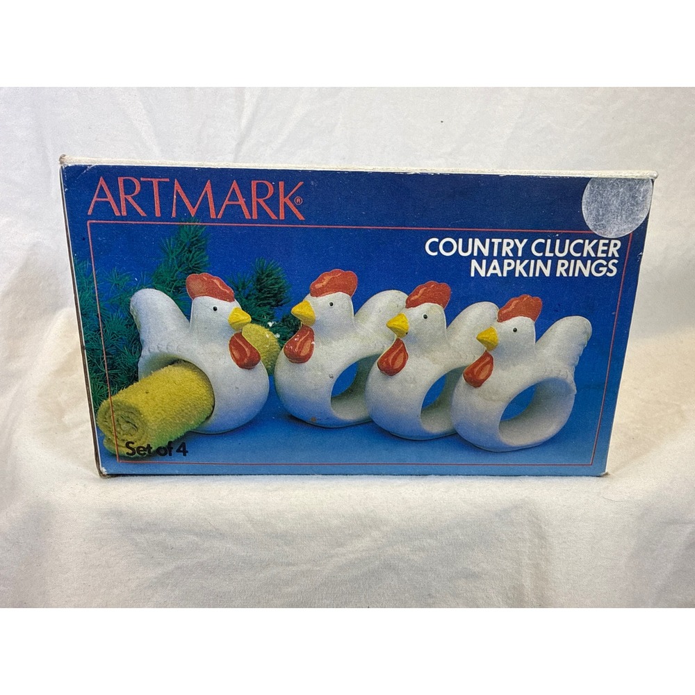 Artmark Country Clucker Napkin Rings Set of 4 Vintage Ceramic Rooster Farmhouse